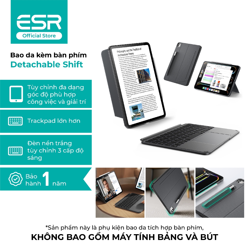 Ốp lưng kèm bàn phím ESR Detachable Shift kết nối Bluetooth, Có Đèn LED dành cho iPad Air 4/5/6 và G