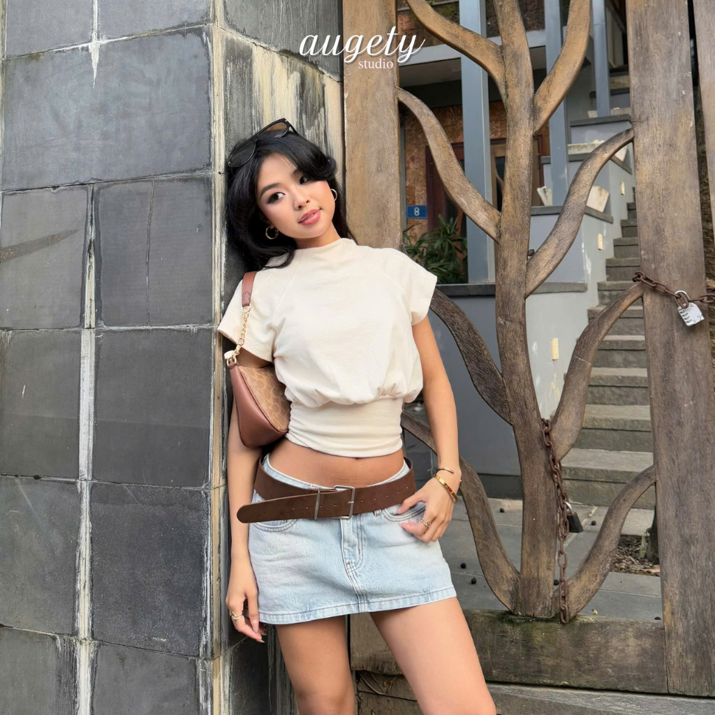 Áo Thun Nữ Tay Ngắn Dáng Phồng Nhún Eo Cổ Tròn Augety Studio AMI Top | BigBuy360 - bigbuy360.vn