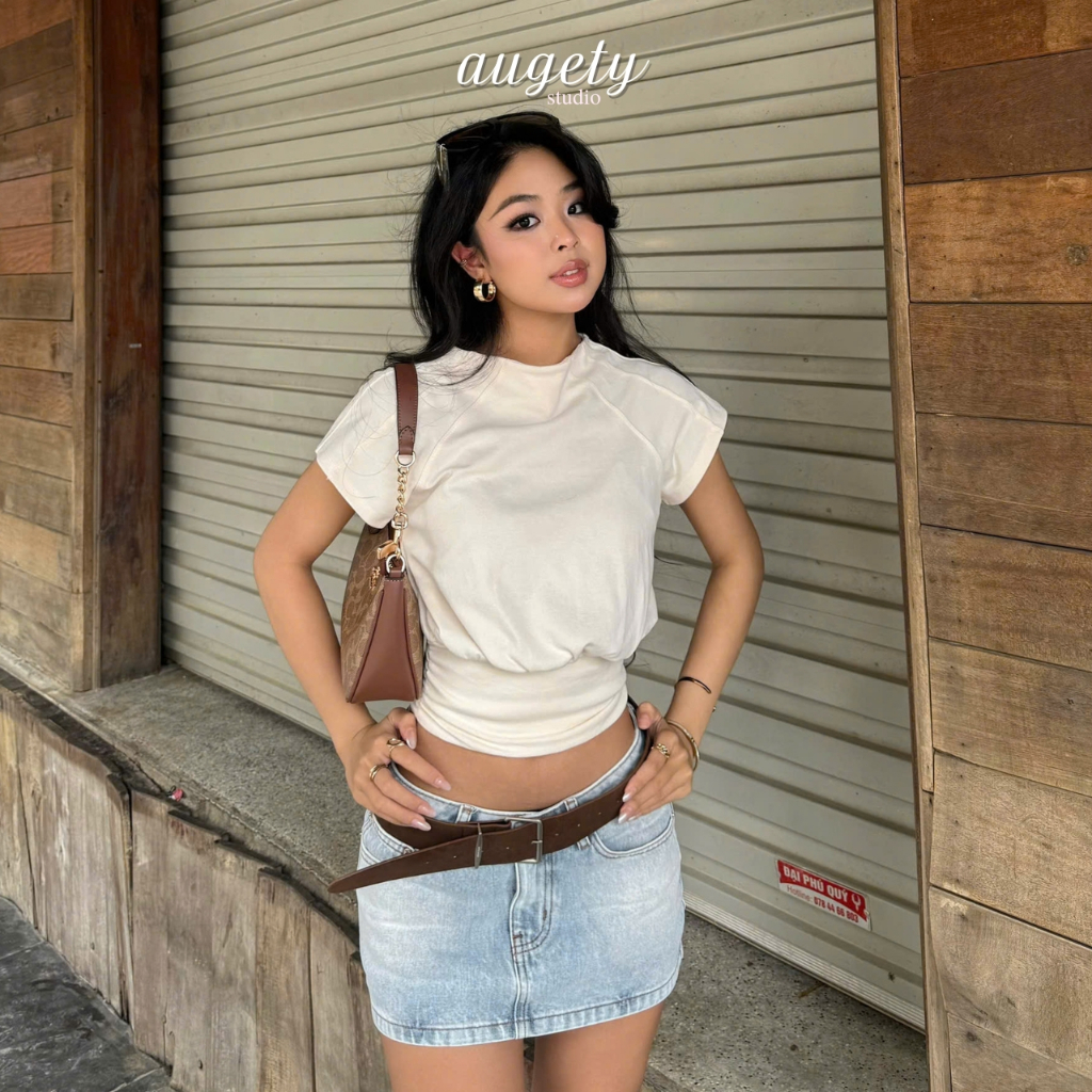 Áo Thun Nữ Tay Ngắn Dáng Phồng Nhún Eo Cổ Tròn Augety Studio AMI Top | BigBuy360 - bigbuy360.vn