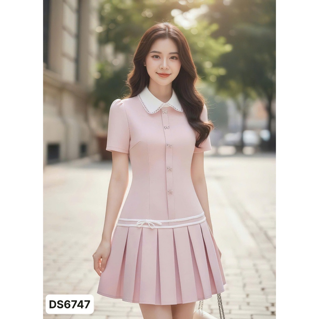 Váy Thiết Kế DVC - Váy Xòe Hồng Dáng A Xếp Li, Cổ Sen Trắng DS6747 - DOLCE VIVA COLLECTION CM2612