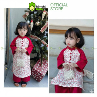   KÈM QUẦN 11-30KG  Áo Dài Tết Cho Bé Gái KIMCHIBABY Vải Nhung Lì Mềm Cao Cấp Họa Tiết Hoa Nhí Cổ Tàu Tay Bồng AD27 