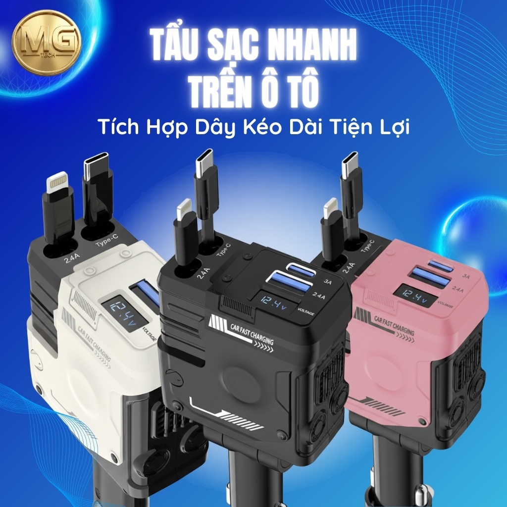 [Hỏa Tốc] Tẩu Sạc Nhanh Trên Ô Tô 120W, Củ Sạc Nhanh Tích Hợp Dây Kéo Dài Tiện Lợi