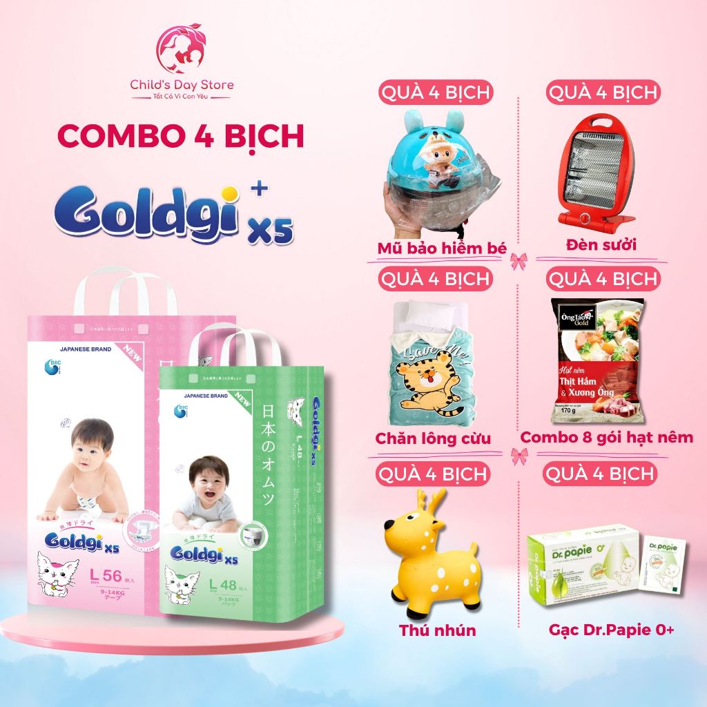 [COMBO 4 CHỌN QUÀ ] Bỉm Goldgi X5, Tã Goldgi X5 Nhật Bản Siêu Khô Thoáng, Thấm Hút Tốt, Ngừa Hăm