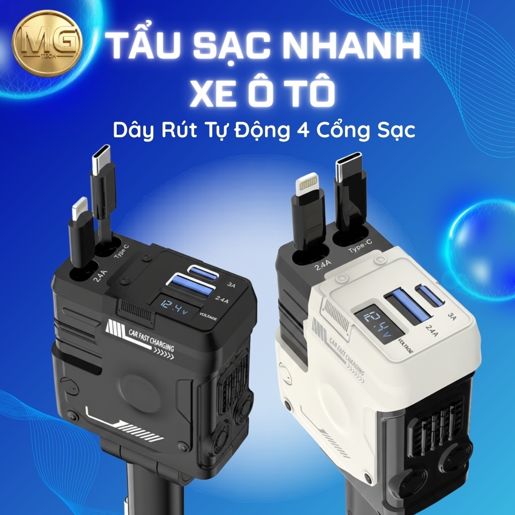 [Xả Kho] Tẩu Sạc Nhanh 120W Cho Ô Tô, Dây Rút Tự Động 4 Cổng Sạc Tiện Lợi, Hỗ Trợ Sạc Đa Thiết Bị