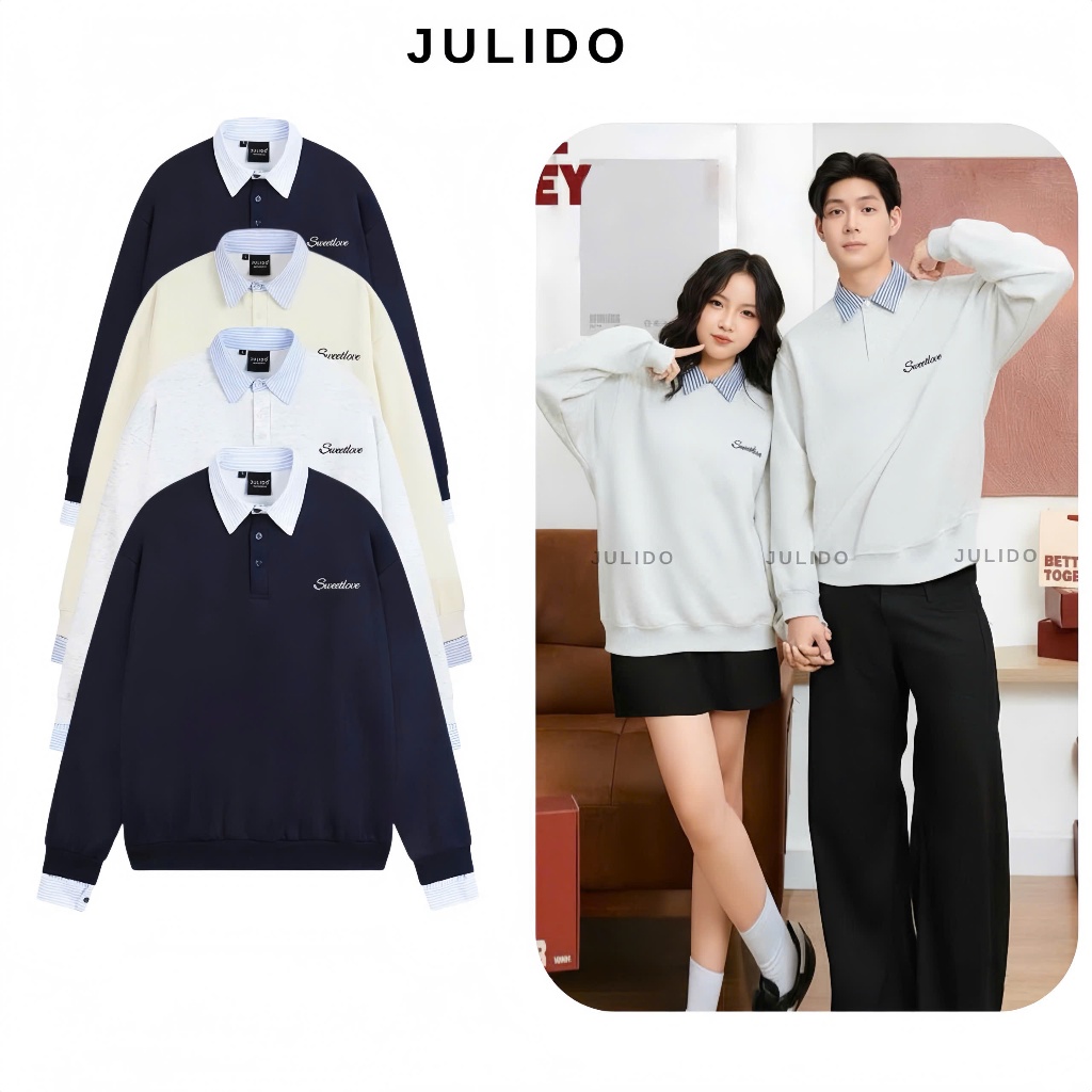 Áo sweater phối sơ mi dài tay JULIDO chất liệu vải nỉ hai da không xù lông