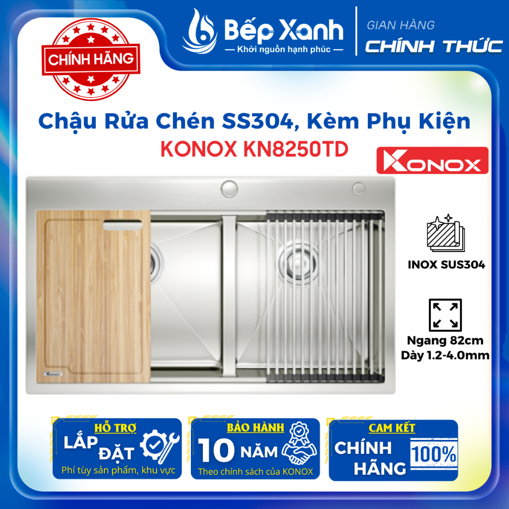 [Kèm thớt gỗ + rổ cuộn] Chậu rửa bát chống xước Workstation Sink KONOX KN8250TD