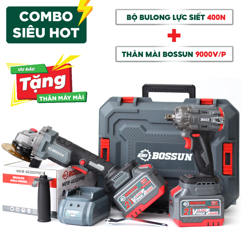 [Combo BOSSUN]  Bộ 2 Pin 15Cell Siết Bulong M21B-IW400N, Thân Máy Mài M21B-AG100PRO, Combo Không Chổ
