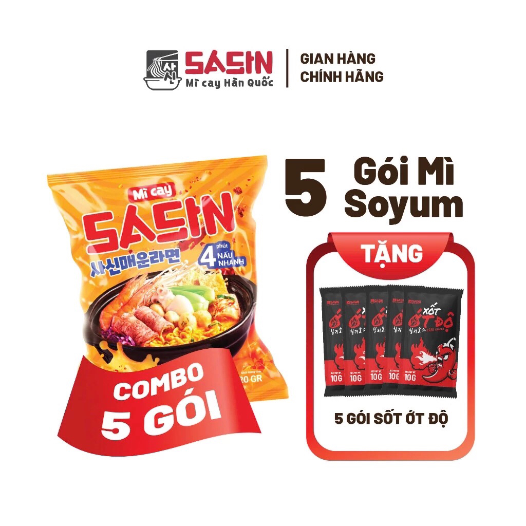[ 5 GÓI ] MÌ CAY SASIN VỊ SOYUM + 5 GÓI XỐT ỚT ĐỘ 10G