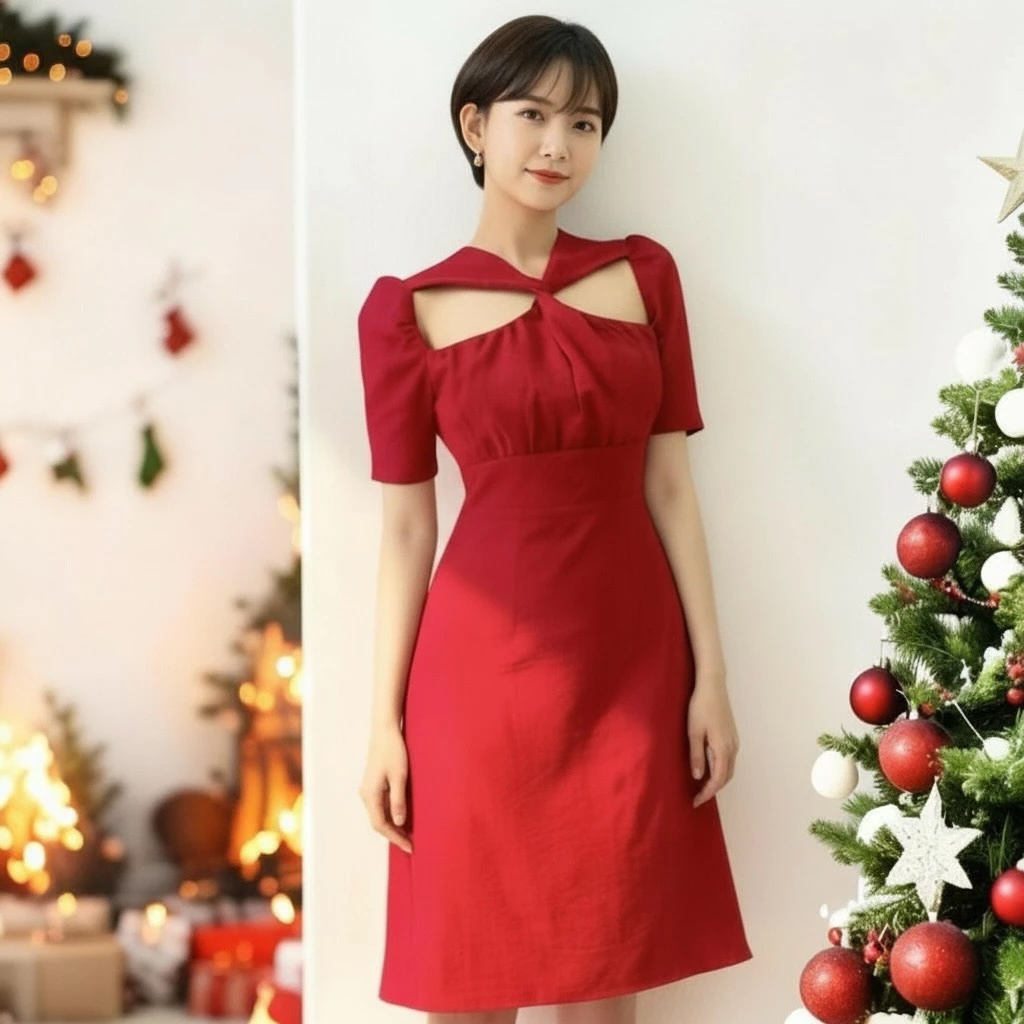 Đầm freesize noel đỏ xoắn cách điệu, váy tết, váy dự tiệc