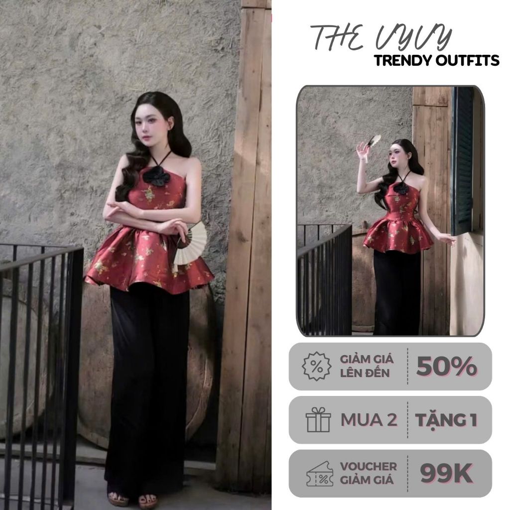 Set Đồ Tết 2026 Áo Yếm Gấm Peplum Cách Tân + Quần Dài Đen – Outfit Chụp Ảnh Tết