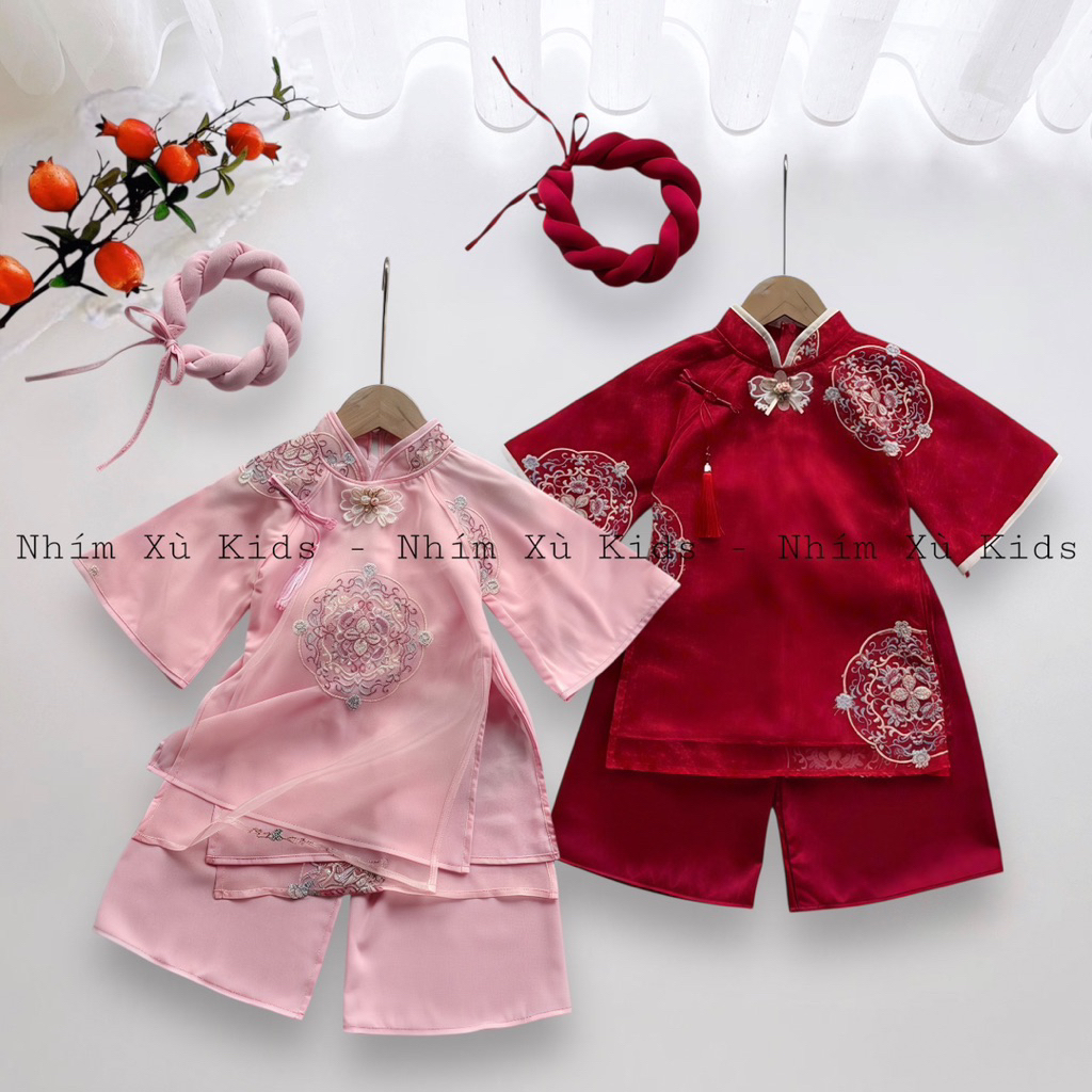(4-28kg) Cách Tân Triện Hồng - Đỏ Thêu NHÍM XÙ KIDS Cho Bé Gái 2 Tháng Đến 8 Tuổi AD160