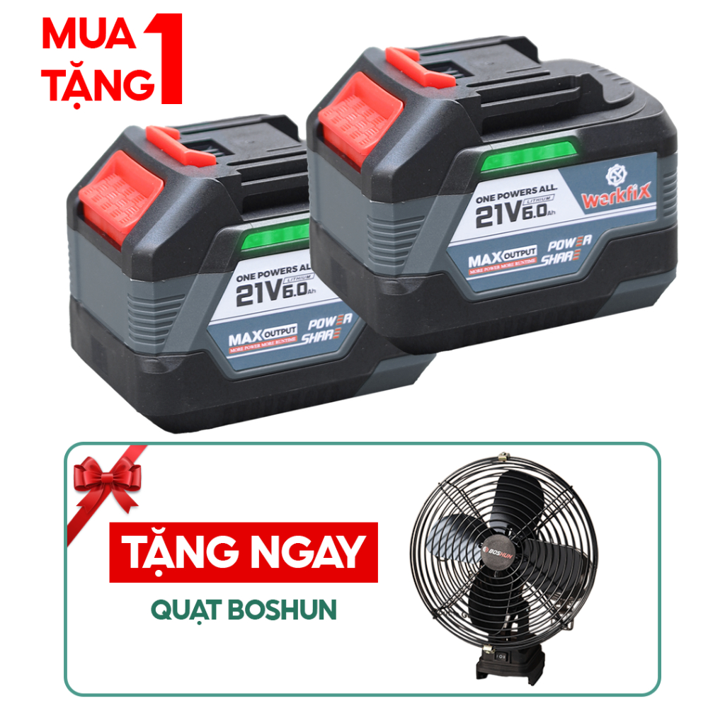 [Tặng Sạc/Quạt] Combo 2 Pin 15 Cell Workfix WF-BK6000PLUS, Dòng Xả Cao 10c Mạch 6 Mosfed, Màu Xanh/X