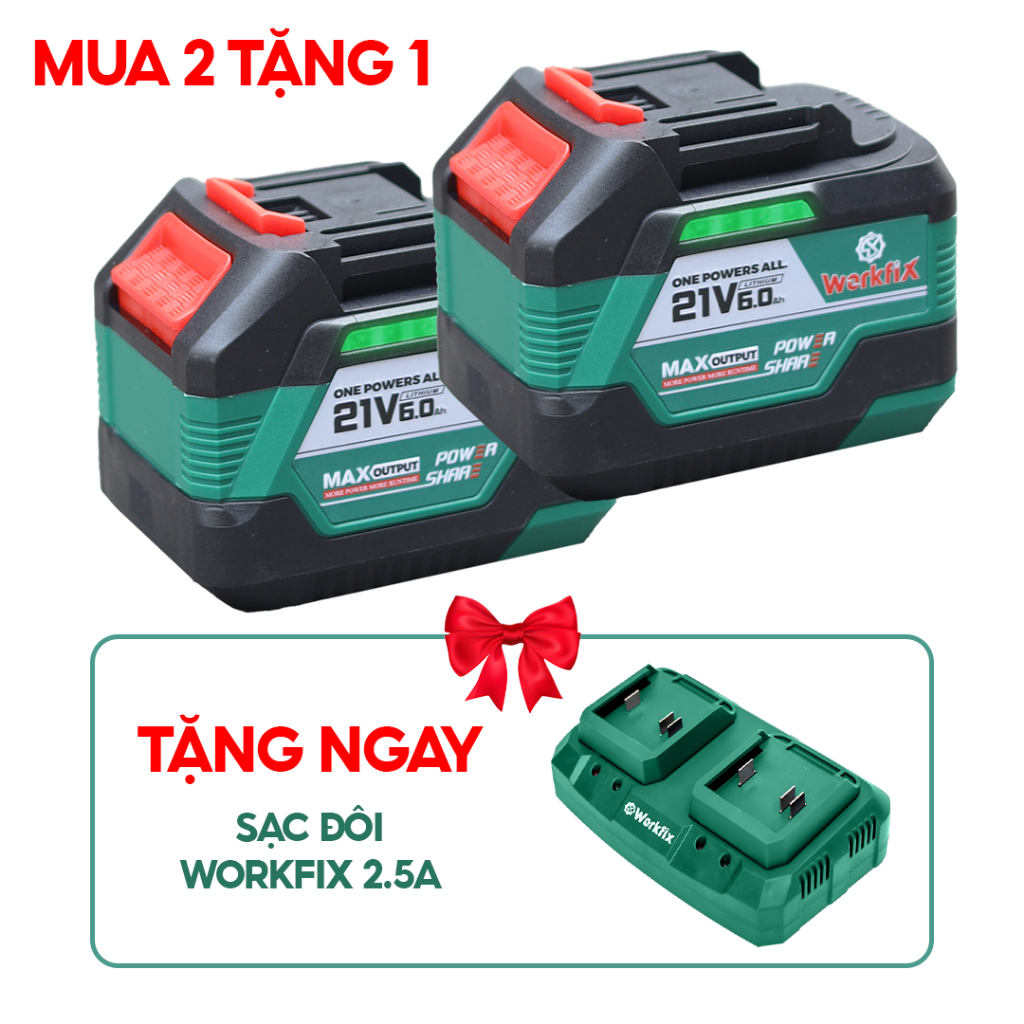 [MUA 2 TẶNG 1] Combo 2 Pin 15 Cell Workfix WF-BK6000PLUS, 6 Mosfed,  Xả 10C Tặng Sạc Đôi/ Thân Quạt