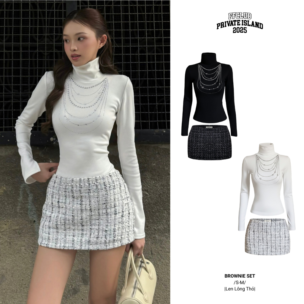 [CÓ TÁCH SET] ÁO LEN TAY DÀI ĐÍNH ĐÁ LẤP LÁNH BROWNIE & CHÂN VÁY TWEED LẤP LÁNH KIM TUYẾN FFCLUB