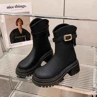 [HÀNG CÓ SẮN] Size 35-43 Bốt cổ ngắn vát da lì cao 7cm kéo khoá sau BiG SIZE