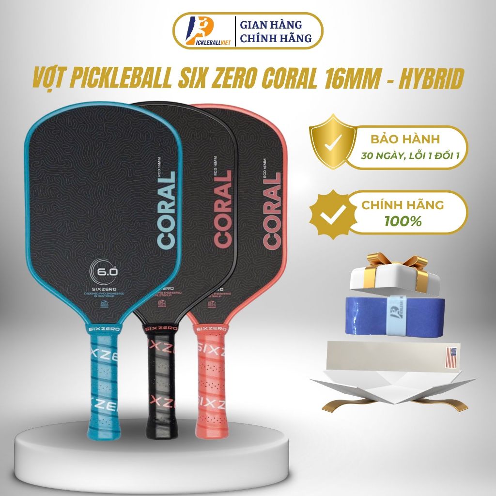 ✅ Vợt Pickleball Six Zero Coral 16mm Hybrid Chính Hãng - Kèm Túi Bọc
