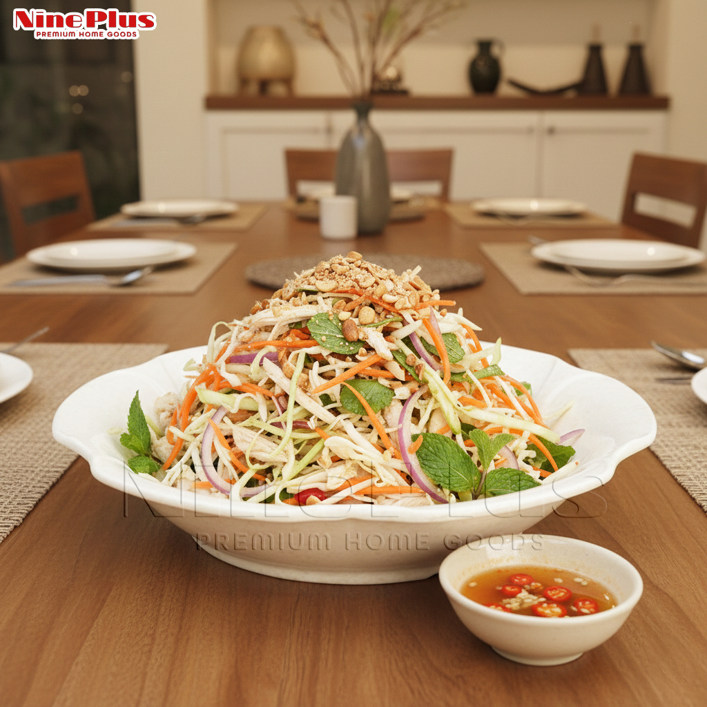 Đĩa vân đá trắng Nine Plus - Melamine A5 cao cấp - Dùng đựng gỏi, mỳ xào, hải sản cho quán buffet