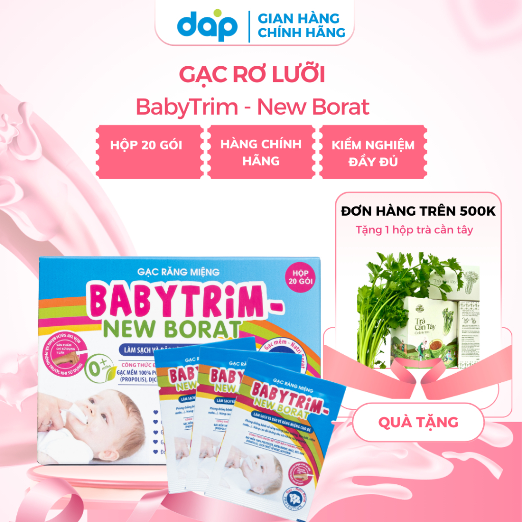Gạc răng miệng Babytrim-New Borat Hộp 20 gói gạc rơ lưỡi giúp vệ sinh răng miệng trẻ em sạch sẽ hiệu