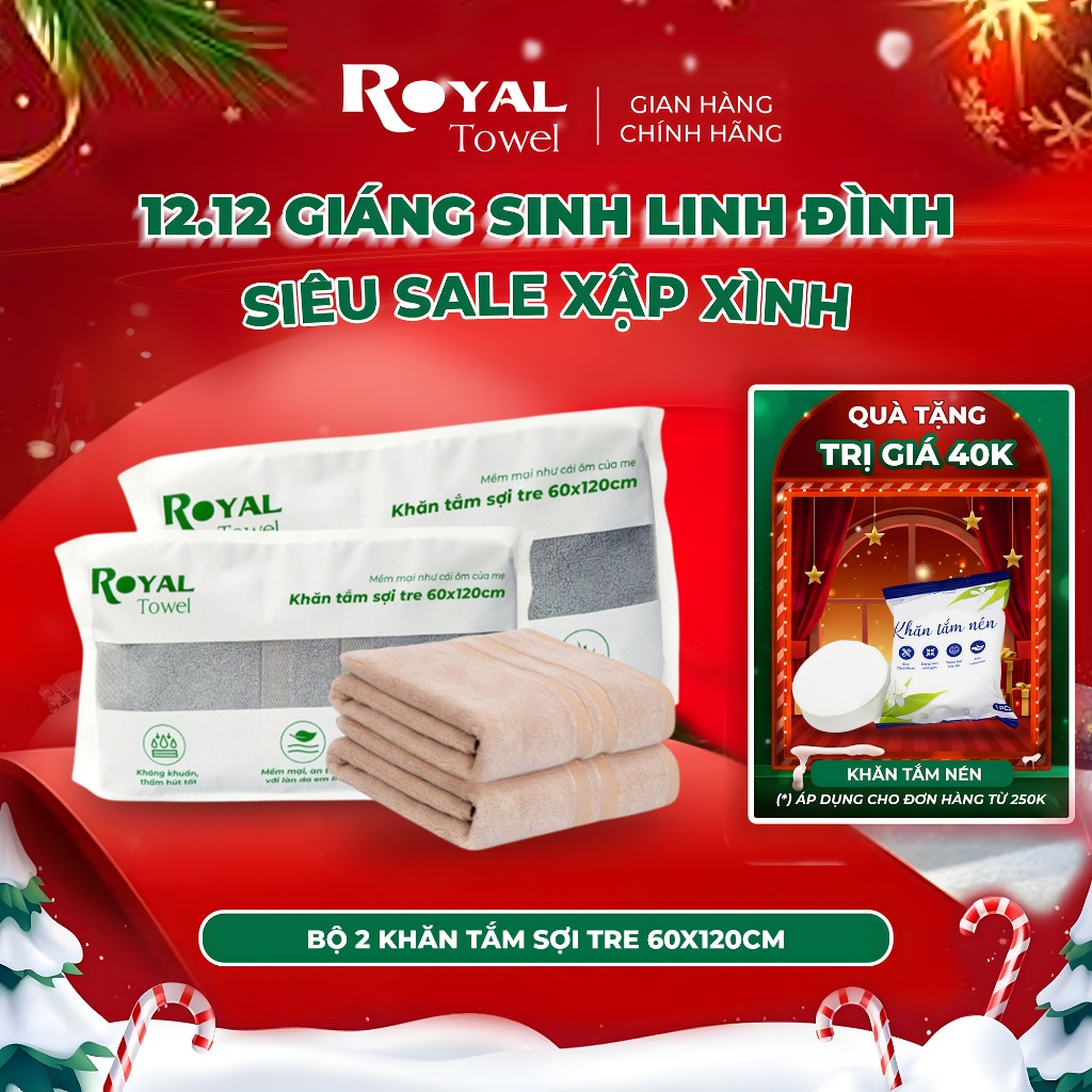 Bộ 2 khăn tắm lớn 60x120cm ROYAL TOWEL 100% cotton mềm mịn, thấm hút, bông dày dùng cho khách sạn gia đình