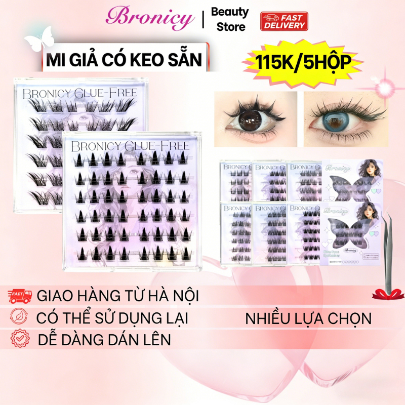  Lông Mi Giả Tự Dính Có Keo Sẵn Bronicy 115K 5Hộp Mi Cáo Anime Mắt Ướt Mẫu Cụm +Mi Dưới Thể Tái Sử 