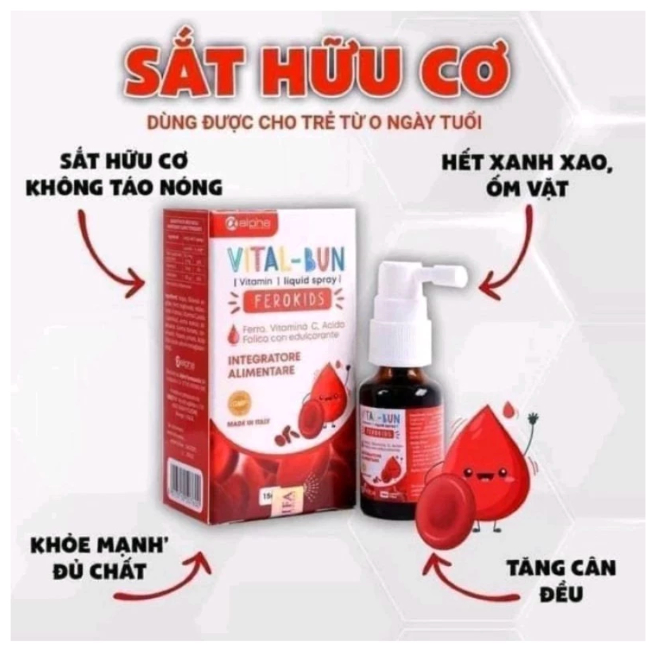 VITAL-BUN FEROKIDS Sắt Xịt bổ sung sắt cho trẻ sơ sinh và trẻ nhỏ.giảm tỉ lệ thiếu máu ở trẻ ,trẻ ch