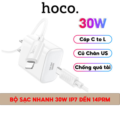 Bộ sạc nhanh PD30W Chính Hãng Hoco Đầu Type-C to L, Dùng Cho IP 14-13-12-11-8-PRO-PLUS-PROMAX......