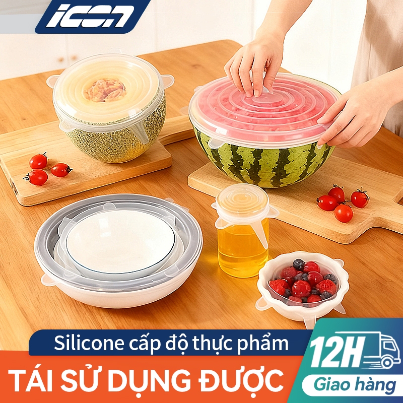 Bộ 6 Nắp Silicon Bảo Quản Thực Phẩm ICON - Co Giãn Tốt, Dày Dặn, An Toàn Cho Tủ Lạnh & Lò Vi Sóng, Đậy Khít Mọi Đồ Đựng