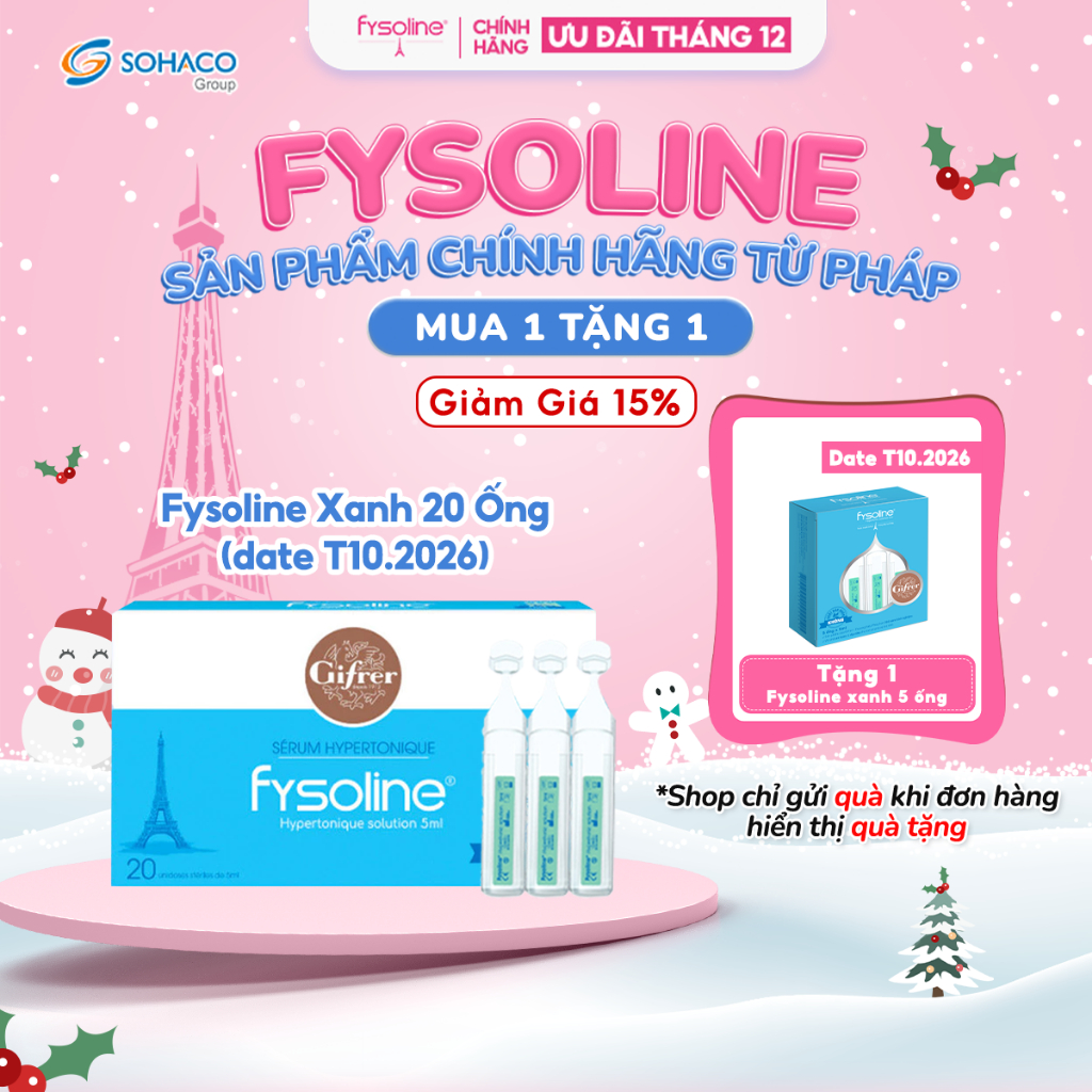  Nước muối ưu trương FYSOLINE - Date T9.2026 - hỗ trợ viêm mũi nghẹt mũi cho bé  Hộp xanh 20 ống x 5ml  