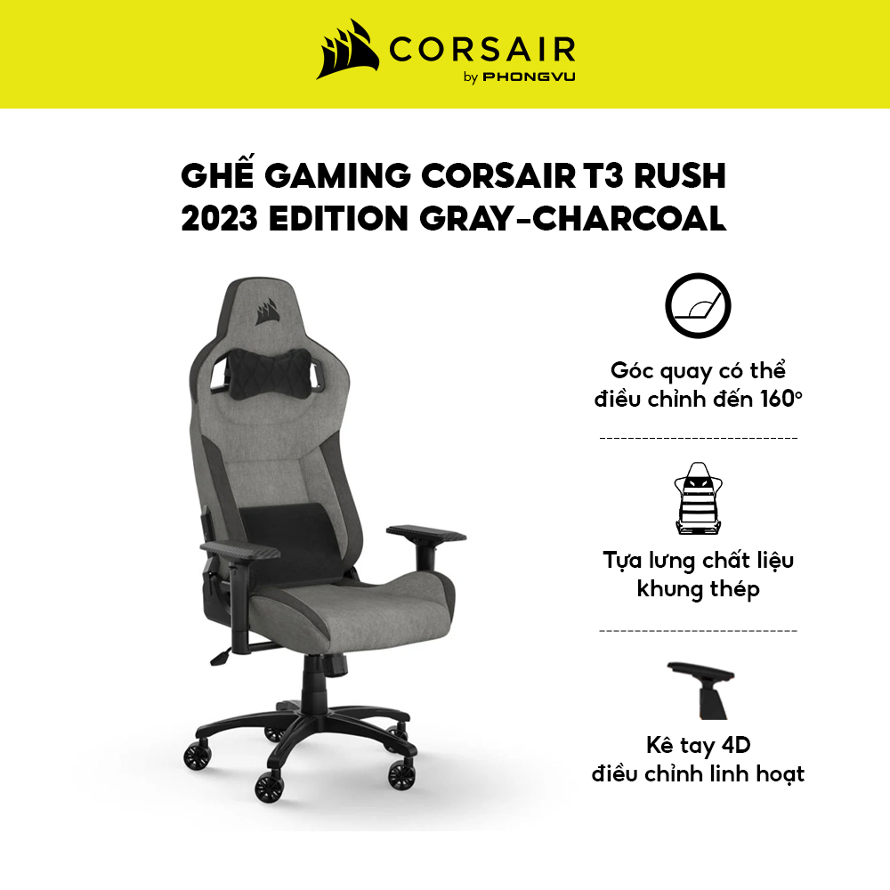Ghế Gaming Corsair T3 RUSH 2023 Edition - Vải Fabric Cao Cấp, Kê Tay 4D, Ngả 160 Độ - Bảo Hành 24T