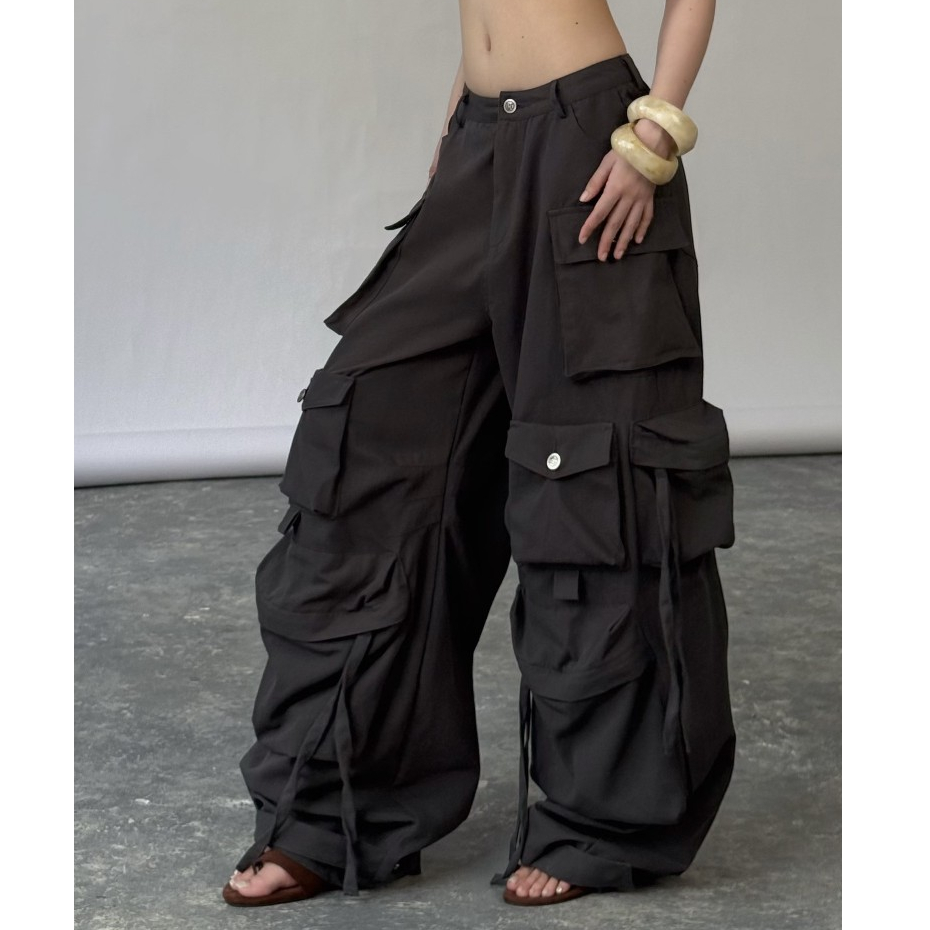 TSUN - Quần Cargo Ống Rộng Baggy Cạp Thấp Nhiều Túi Hộp Xám Than Kaki Y2K Streetwear Cao Cấp | BigBuy360 - bigbuy360.vn