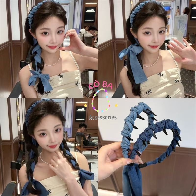 Băng đô dây ruy băng màu jean làm phồng tóc cổ điển, buộc tóc, băng đô lụa mùa hè, phụ kiện tóc thời