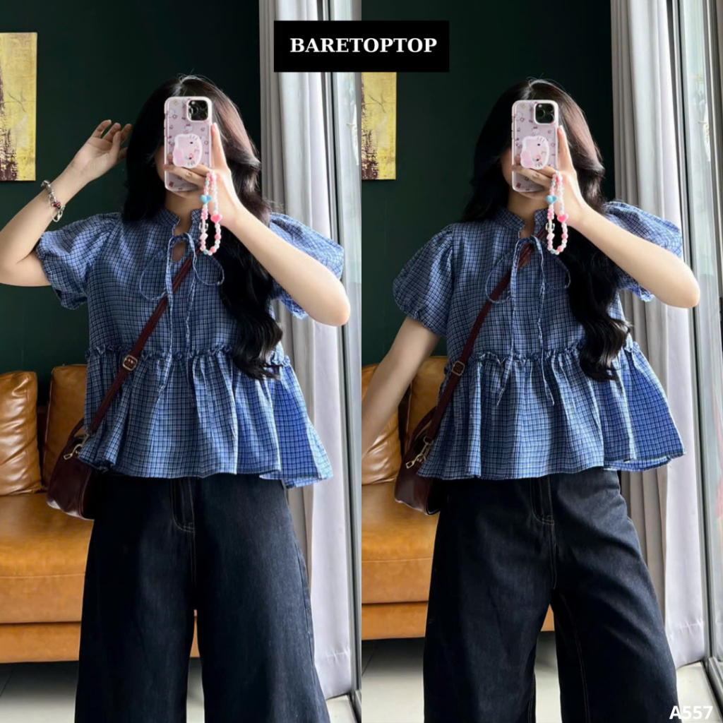 BARE_Áo Babydoll Nữ Tay Bồng Buộc Nơ Dáng Rộng Xòe Chất Thô Kẻ Mát, Áo Kiểu Nữ Tính_A557,A621