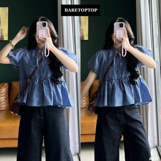  BARE_Áo Babydoll Nữ Tay Bồng Buộc Nơ Dáng Rộng Xòe Chất Thô Kẻ Mát Áo Kiểu Nữ Tính_A557,A621 