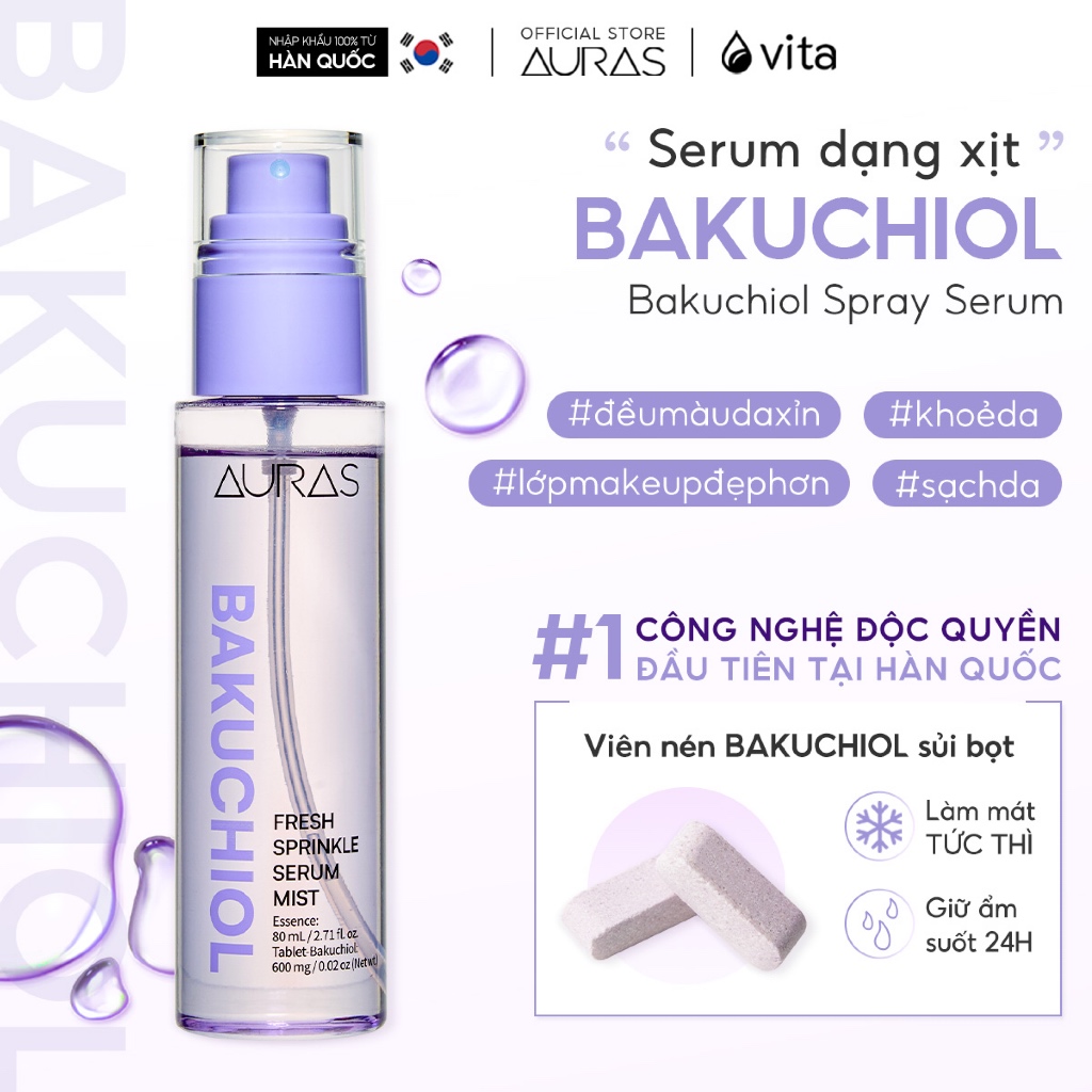 Serum xịt dưỡng  AURAS BAKUCHIOL – Cấp ẩm dưỡng da, Tăng độ bền lớp makeup – Công Nghệ Viên sủi độc 