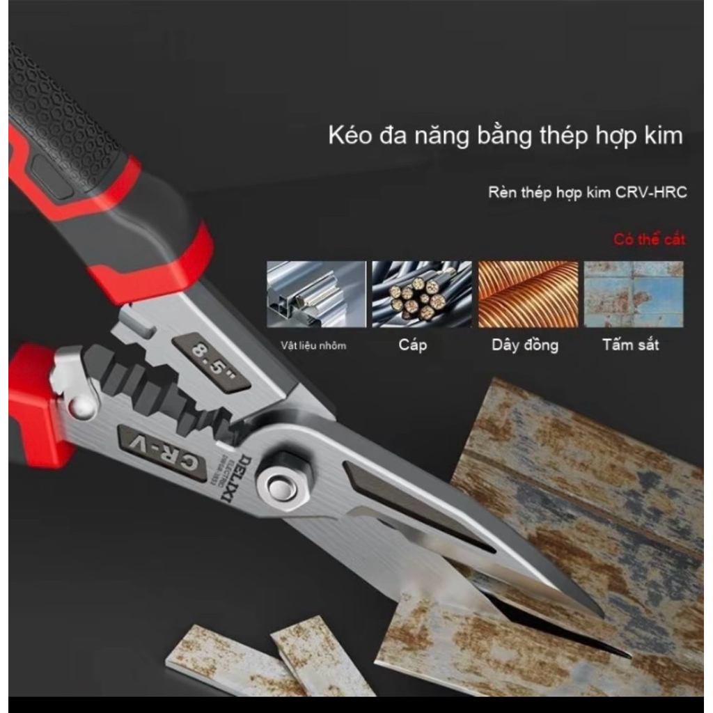 Kéo cắt đa năng DELIXI cắt dây điện. Dây cap. cắt tôn. sắt cắt khung xương thạch cao