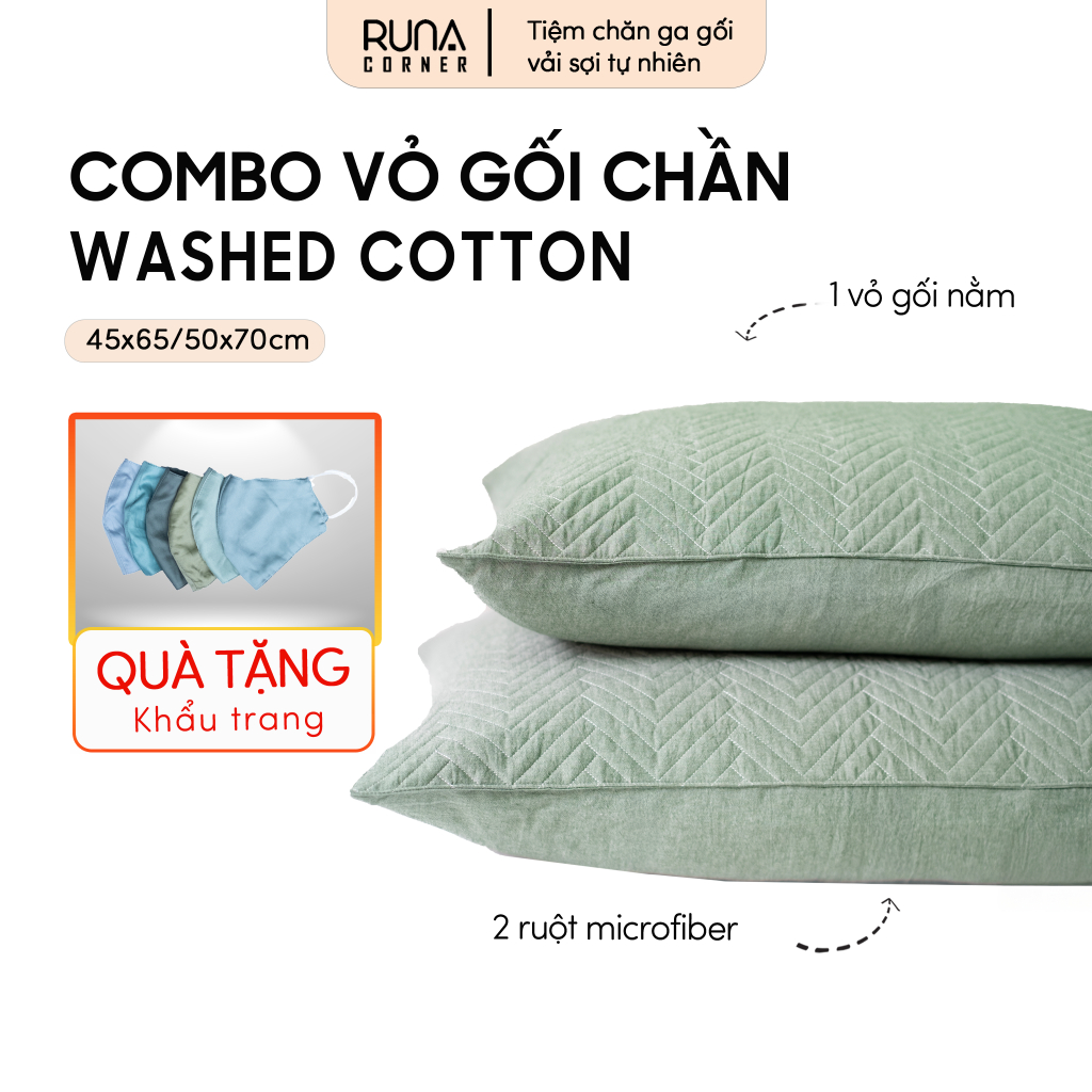 Combo 2 vỏ gối nằm Chần Bông Washed Cotton Runa Corner cao cấp 45x65 50x70, bao gối nằm mềm mịn