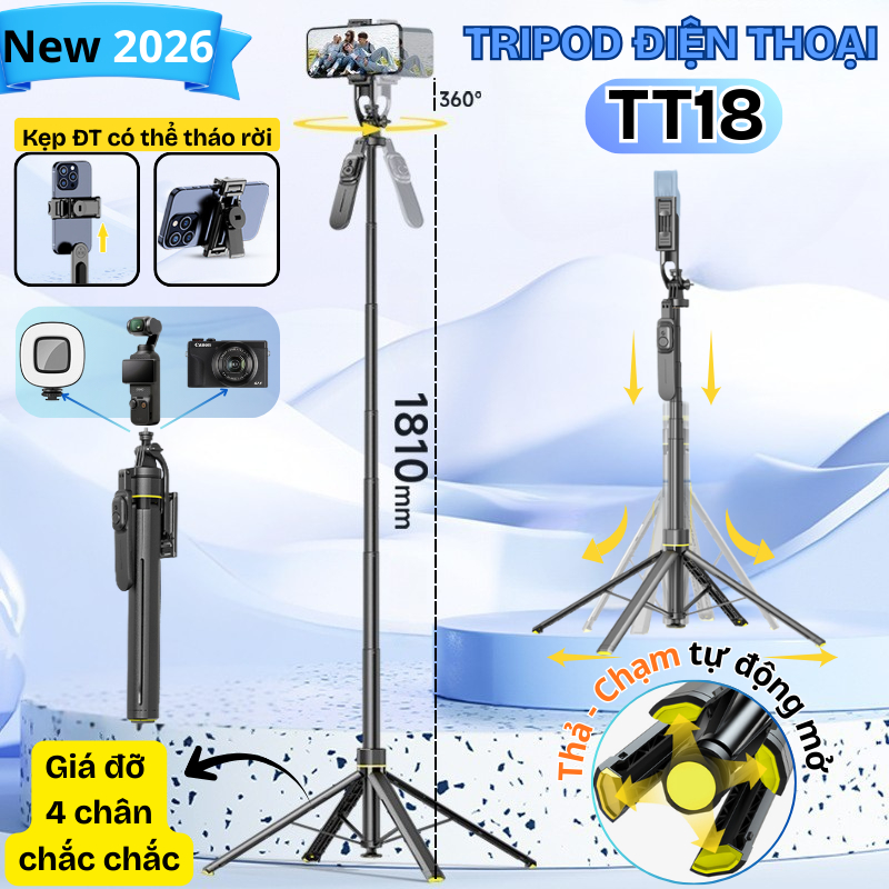 Gậy chụp ảnh 4 chân 2 remote bluetooth cao 1m8 TT18 - Gậy livestream, chụp ảnh cao cấp