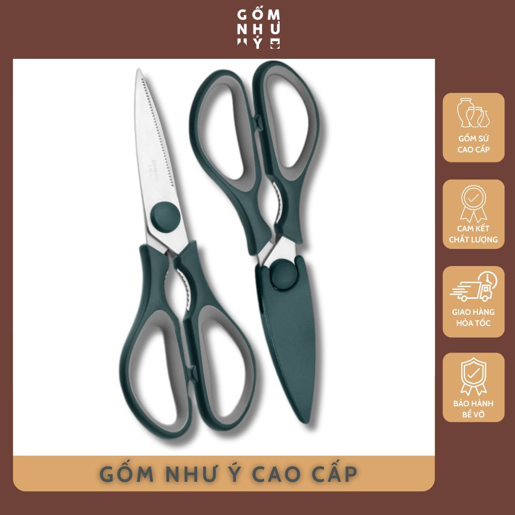 Kéo bếp đa năng chất liệu thép 2CR13 tay cầm bọc cao su vỏ nhựa PP dùng cắt rau củ quả thịt cá,...