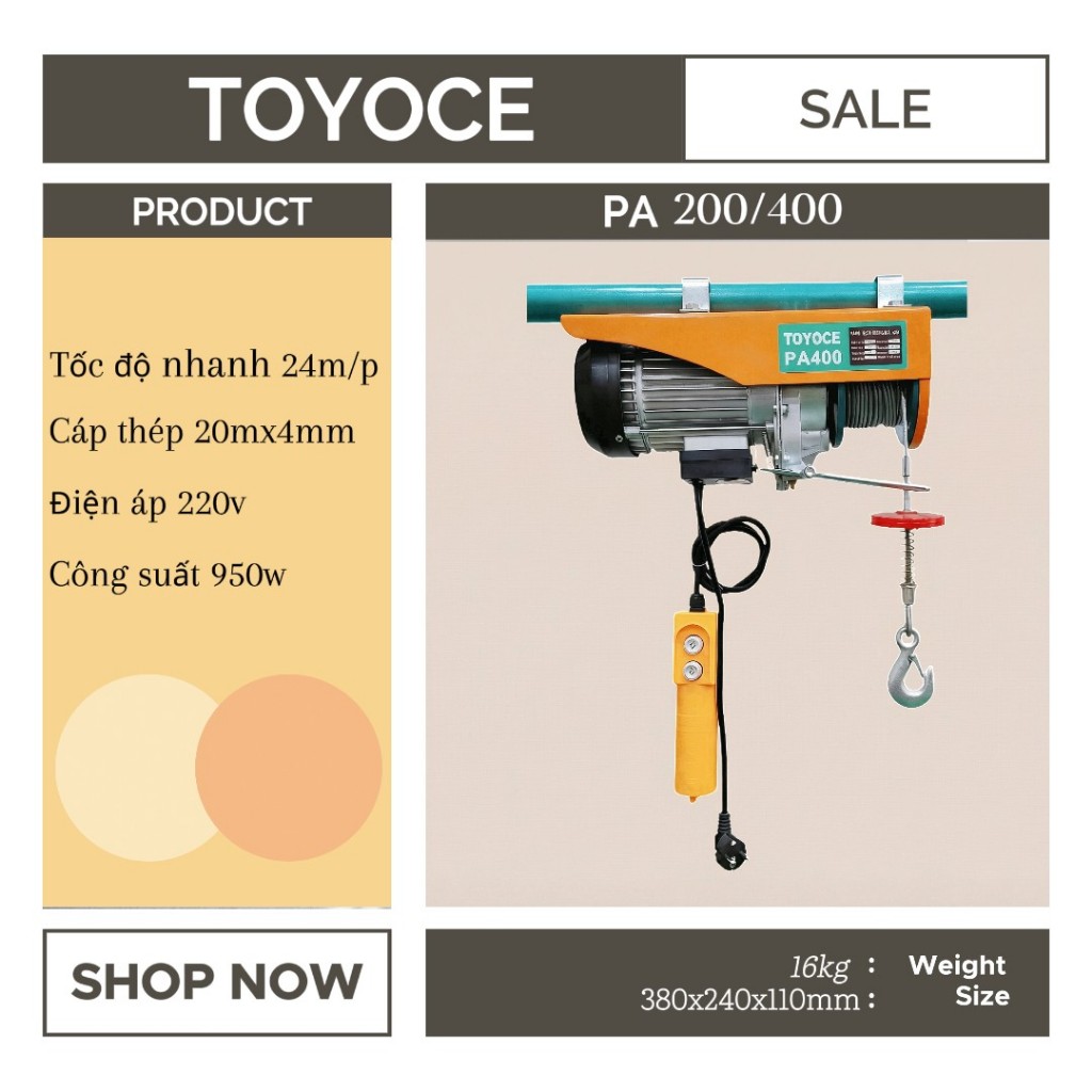 Tời Điện PA400, Tời treo PA200/400, Lõi Đồng, Dây Cáp 20m Tốc Độ 24m/p 220v 950w