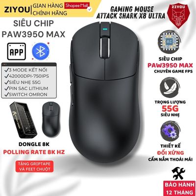 Chuột Không Dây Gaming Ziyou Attack Shark X8 Ultra Cảm Biến PAW3950MAX, Polling Rate 8KHz, App Macro