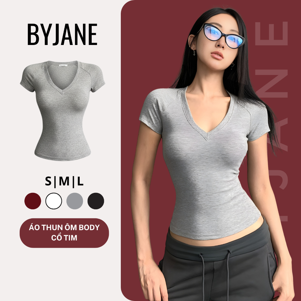 Áo cổ tim ôm body BYJANE áo phông cộc tay nữ ngắn tay cotton-211