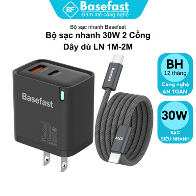 Bộ Sạc Nhanh 30W Basefast Củ sạc GaN 1-2 Cổng, dây dù 27W Siêu bền chống đứt gãy cho phone 8-14PRM