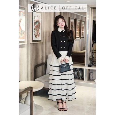 Set Váy Cao Cấp Alice Áo Chéo Rubi Dáng Ngắn Có Ép Mùng Phối Chân Váy Maxi Nhiều Tầng Chất Tơ Cạp Chun S1004