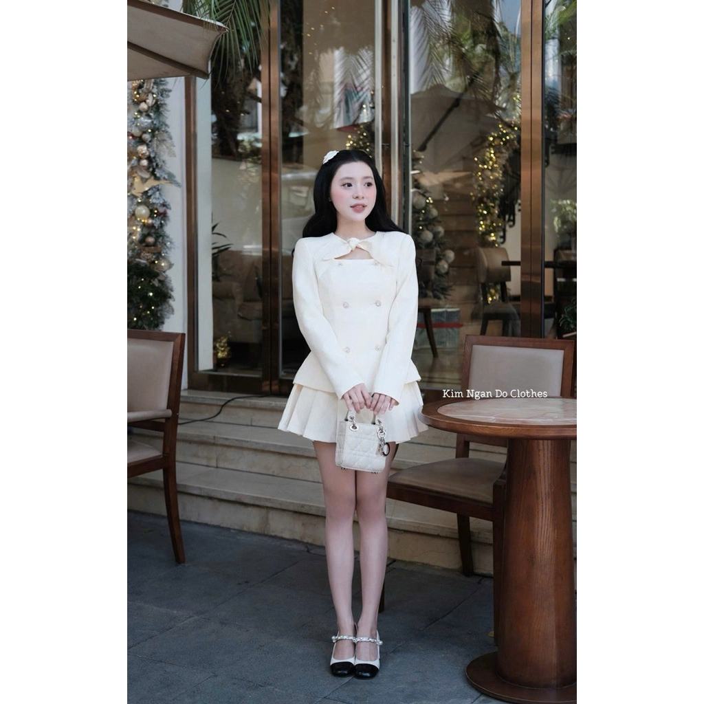 [S2.4244] Set Dạ Tweed Hàng 2 Lớp Áo Khoác Cổ Nơ Khuy Đá Mix Chân Váy Xếp Ly 3 Màu Siêu Xinh | BigBuy360 - bigbuy360.vn