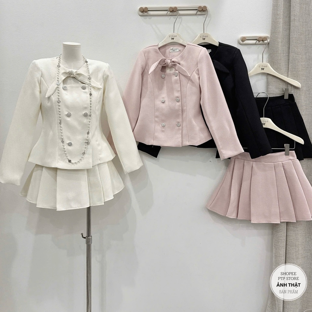 [S2.4244] Set Dạ Tweed Hàng 2 Lớp Áo Khoác Cổ Nơ Khuy Đá Mix Chân Váy Xếp Ly 3 Màu Siêu Xinh | BigBuy360 - bigbuy360.vn