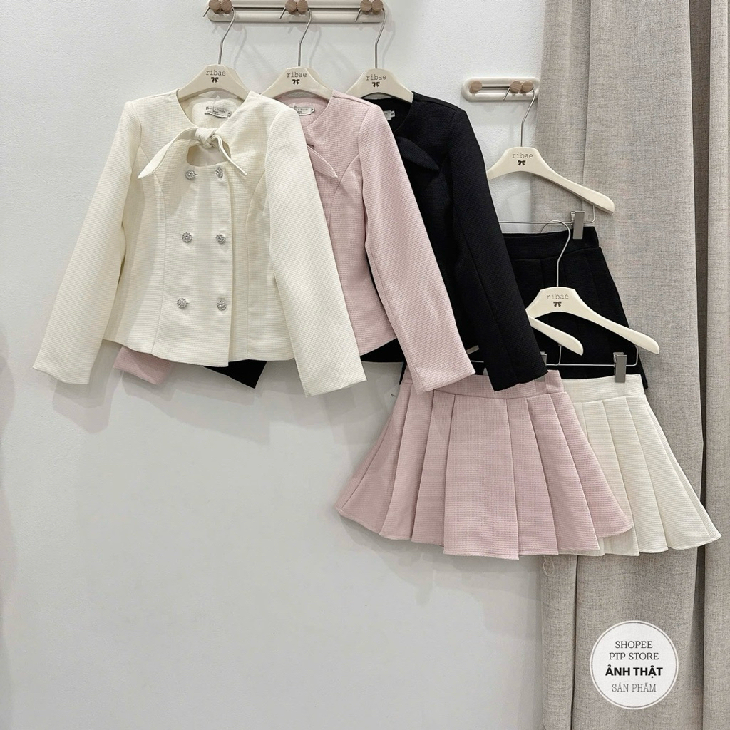 [S2.4244] Set Dạ Tweed Hàng 2 Lớp Áo Khoác Cổ Nơ Khuy Đá Mix Chân Váy Xếp Ly 3 Màu Siêu Xinh | BigBuy360 - bigbuy360.vn