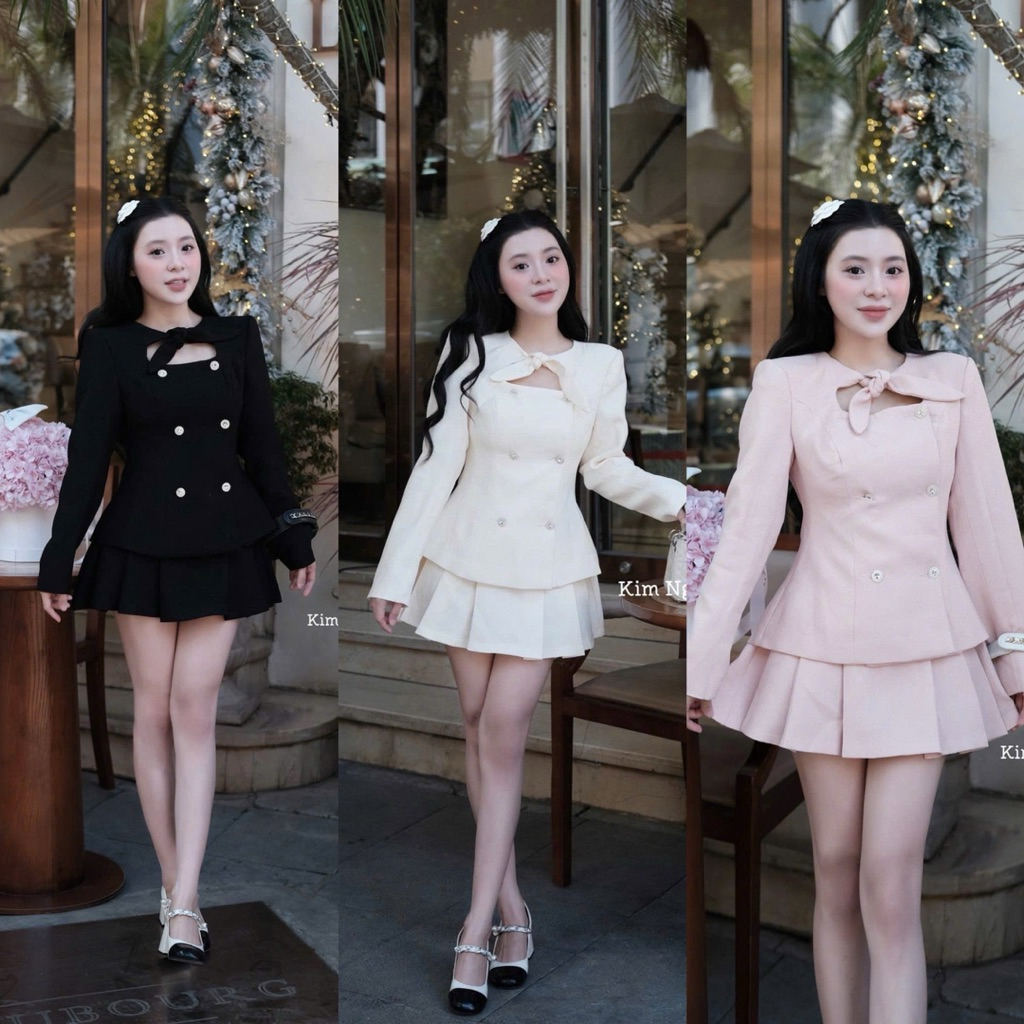 [S2.4244] Set Dạ Tweed Hàng 2 Lớp Áo Khoác Cổ Nơ Khuy Đá Mix Chân Váy Xếp Ly 3 Màu Siêu Xinh | BigBuy360 - bigbuy360.vn