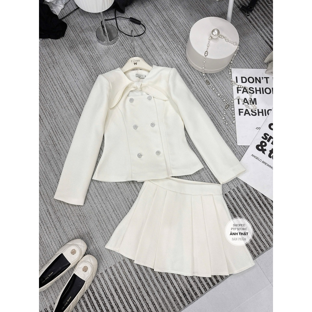 [S2.4244] Set Dạ Tweed Hàng 2 Lớp Áo Khoác Cổ Nơ Khuy Đá Mix Chân Váy Xếp Ly 3 Màu Siêu Xinh | BigBuy360 - bigbuy360.vn