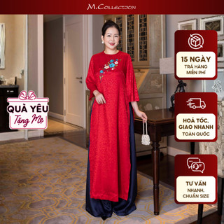  M COLLECTION | Áo Dài Trung Niên Phom Suông Cổ Tròn Lụa Gấm Thêu Hoa Tường Vân Tặng Mẹ Tết L13153 