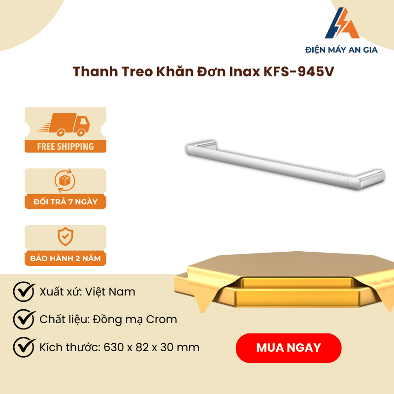 Thanh Treo Khăn Đơn INAX KFS-945V - Chịu Lực Cao - Kết Cấu Bền Chắc - Mạ Niken-Crom Sáng Bóng - PEB